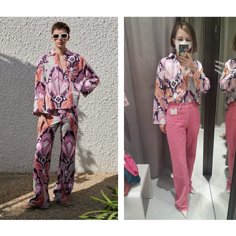 Zara Top and Pant Set XS Printed Linen Spain Groovy 70s 60s Boho Colorful Unique - Picture 10 of 16